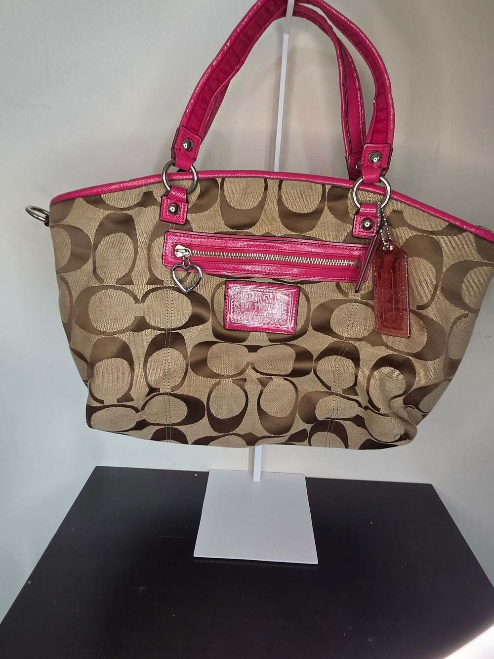 Coach Daisy Signature Khaki and Raspberry Tote Shoulder Bag